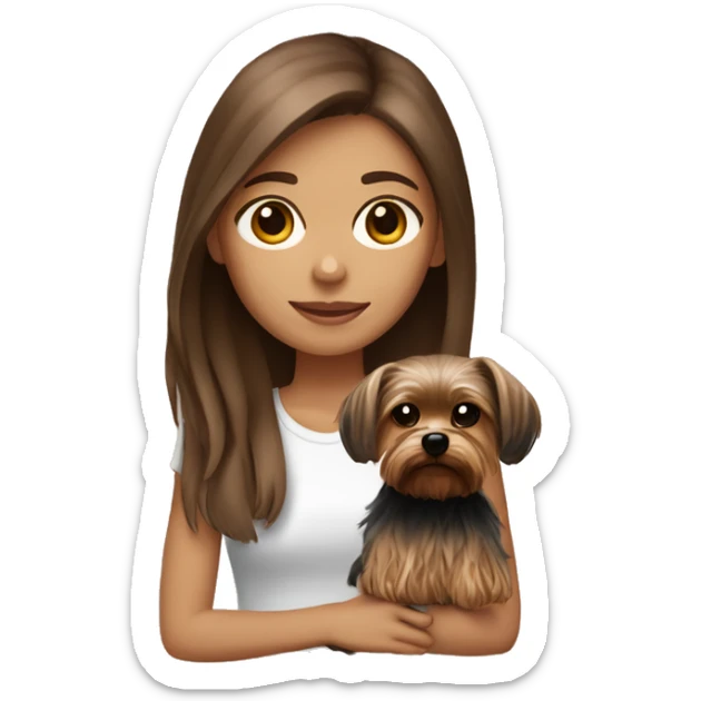 Brown hair girl light skin brown eye holding a yorkshireterrier sticker