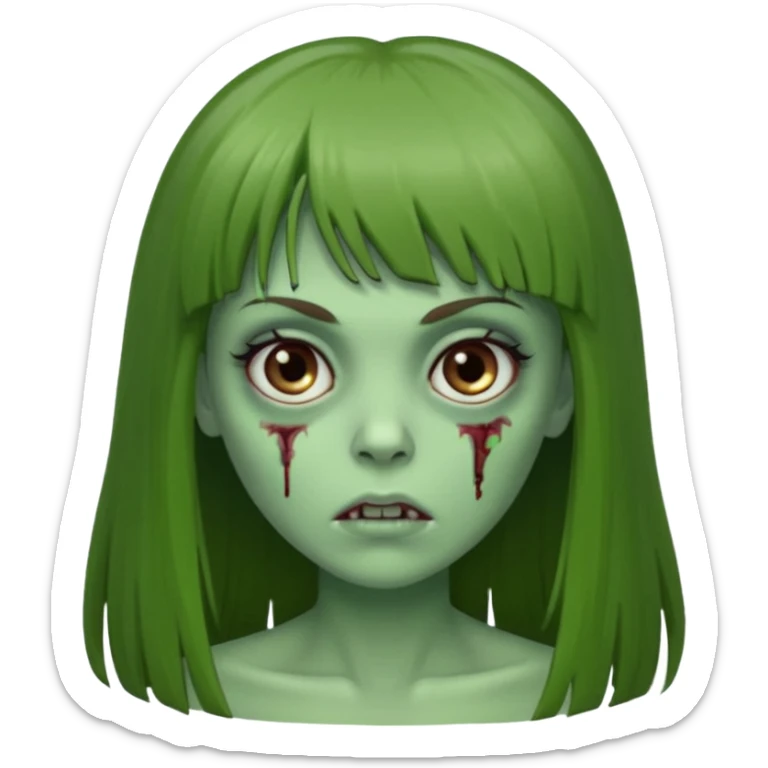 Zumbi feminino, de pele verde, cabelo longo liso e castanho com franja. rosto oval e cilios grandes sticker
