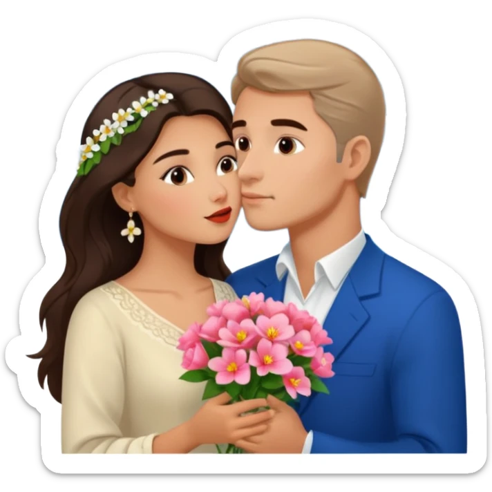 Kissing Couple traveling in Montenegro russian man and elegant  Latina girl delicate flowers and mountains in the background  sticker