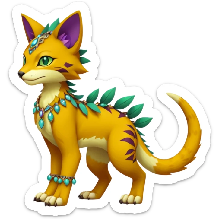 Kawaii cute reddish orangish yellowish greenish purplish exotic tribal beautiful pretty elegant divine edgy feline-vernid-sergal-Fakémon-Pokémon-Digimon-fursona-animal-creature with accessories, jewelries, full body, with intricate detailed markings sticker