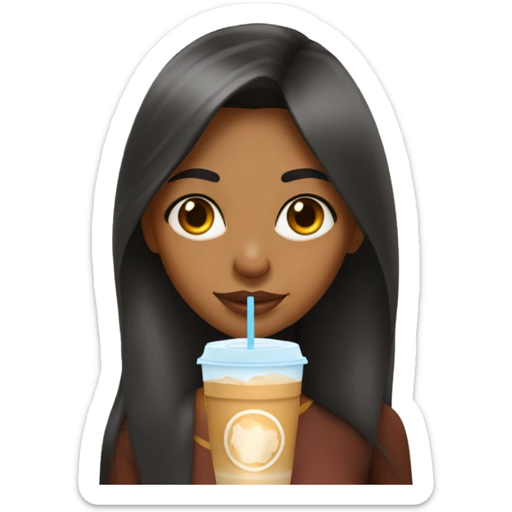 indian girl with caramel skin, long hair holding an iced coffee sticker