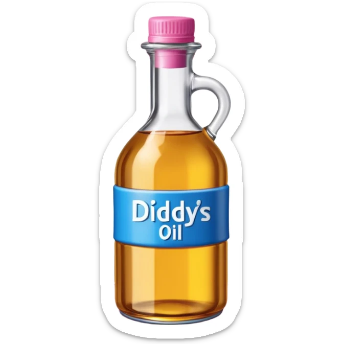 bottle of oil blue top pink outside with logo that says Diddys Oil sticker