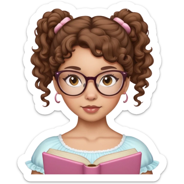 I want a iPhone emoji of a light skin girl, brown hair, curly ballerina ponytail, brown eyes and cat reading glasses  sticker