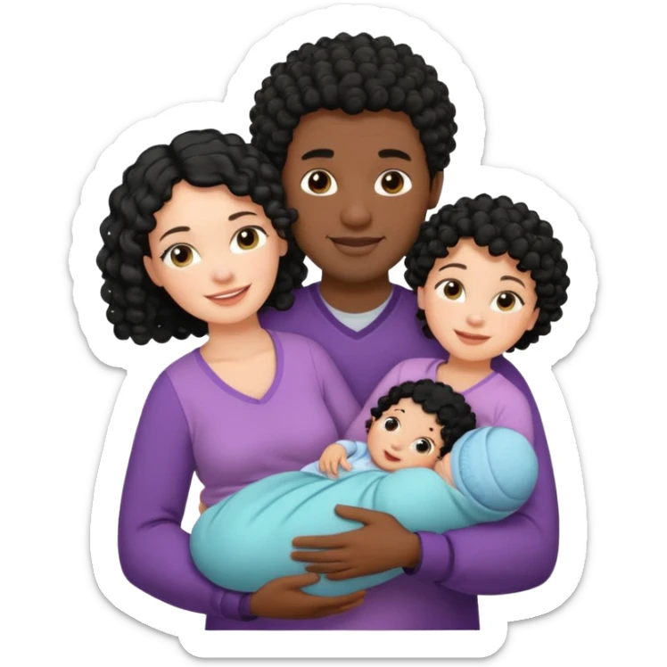 family: white woman curly black hair, black man with short black frizz hair, one 2 y o daughter mixed skin color , and a newborn in the and of the mother sticker