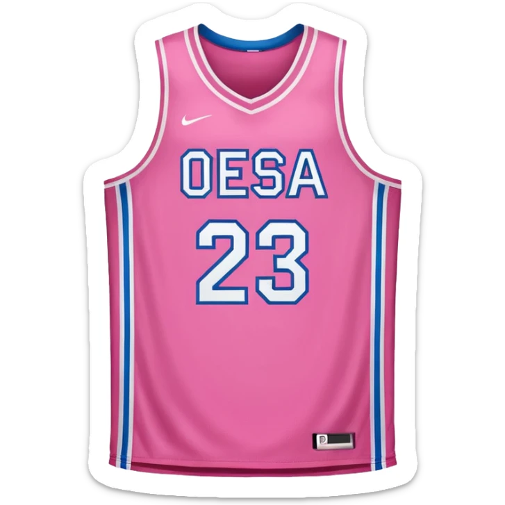 pink basketball jersey with the number 23 and a logo sticker