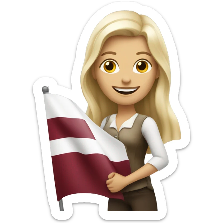 Happy blonde woman with a small flag of Latvia sticker
