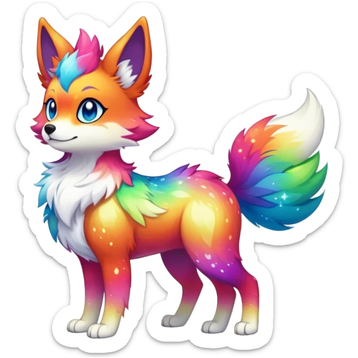 Vibrant multicolored Falvie-Fionbri-creature-sparkle-canine-fursona, full body sticker