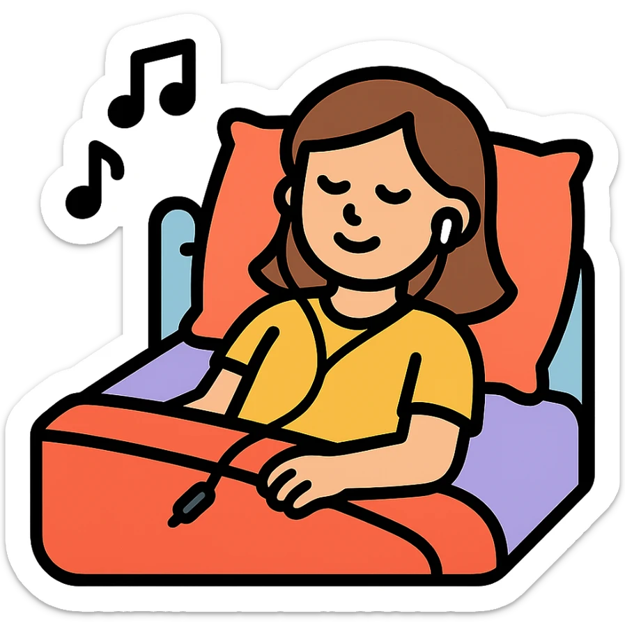 girl lying on bed comfortably listening to music with wired earphones sticker