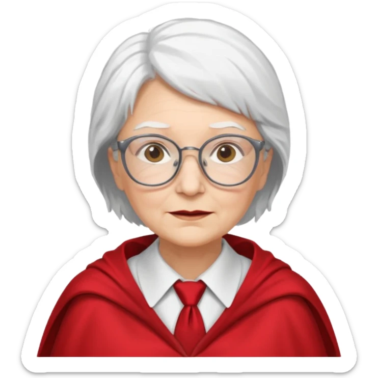 An older woman with glasses and white hair, in a red tie and cape sticker