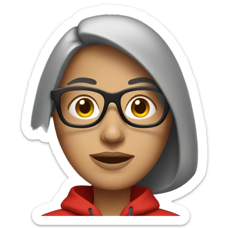 woman in a red hoodie that covers most of her face, wearing glasses sticker