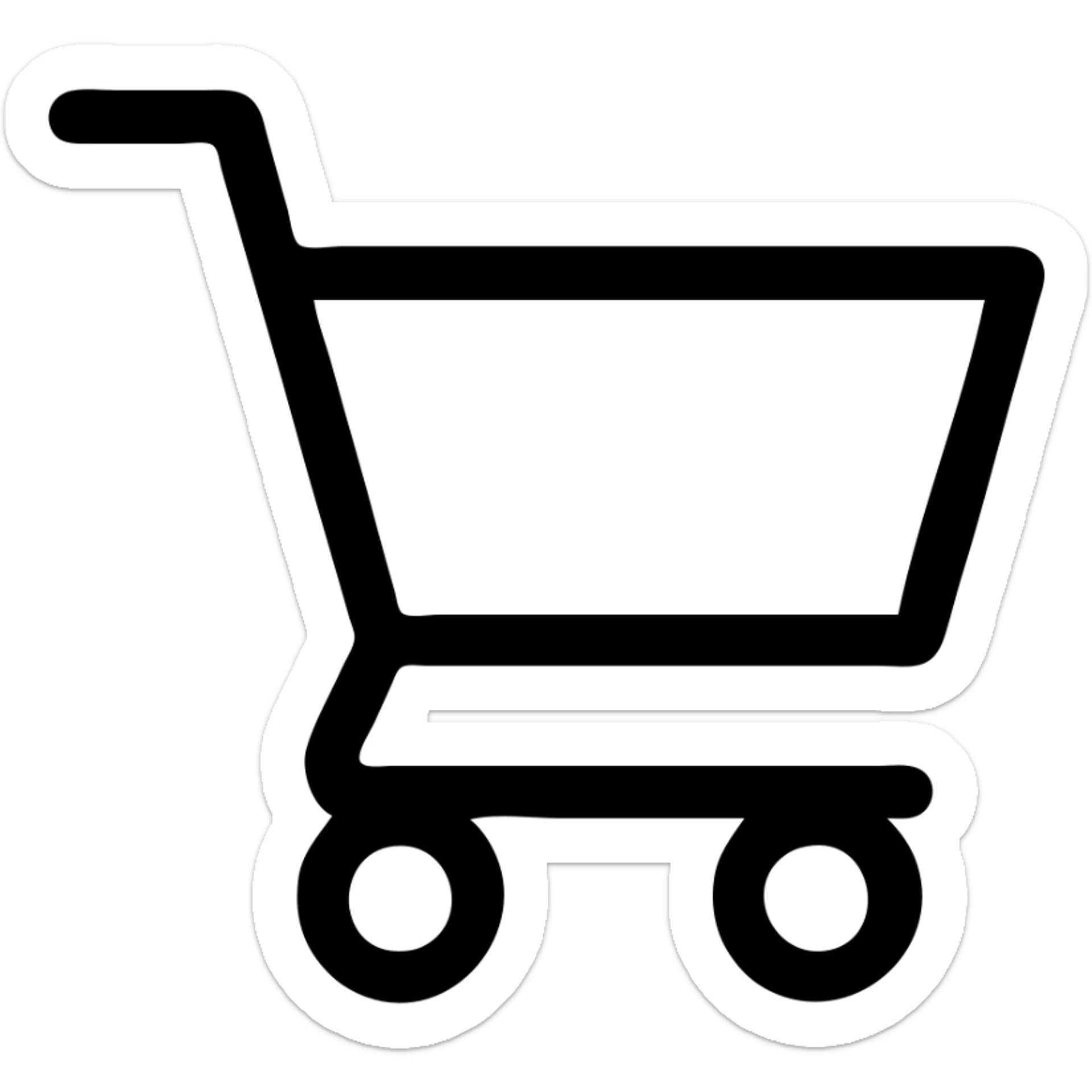 black shopping cart icon facing right, simple, clean, no fill, only black outline sticker