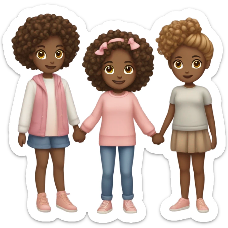 Full body, Two girls holding hands one brown skin one Carmel skin  one  with a curly bun and one feminine with curly hair sticker