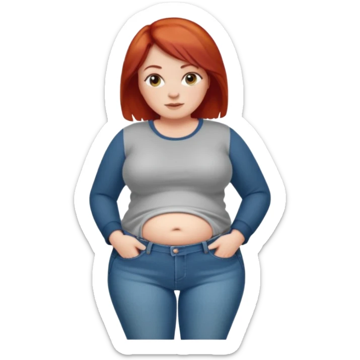 Lazy old Short woman with straight short red hair and fat tummy..wears jeams and full sleeve  tshirt sticker