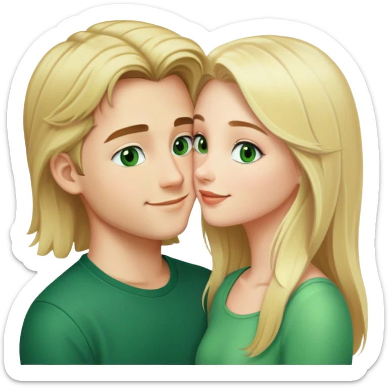 Smiling kissing couple of blonde girl with long hair green eyes. And a boy with black short hair and green eyes sticker