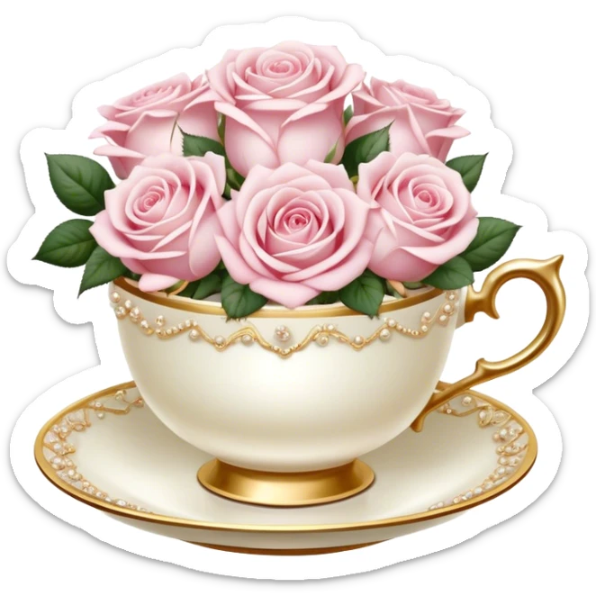 Elegant arrangement of pale pink roses in a pearl teacup with gold trim, vintage-style. sticker