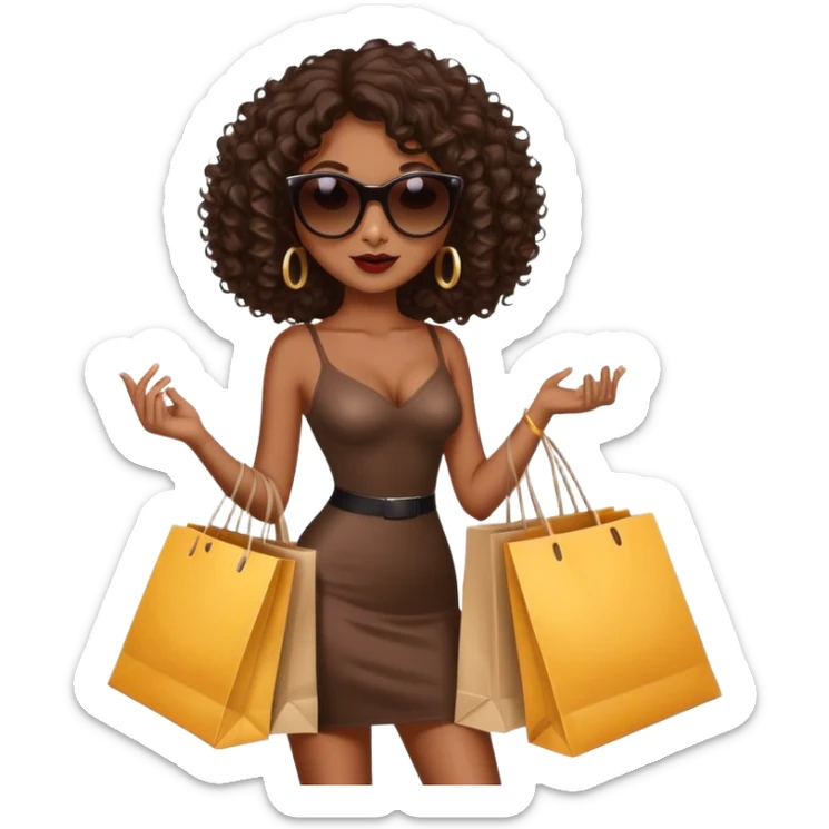 Rich dark brown girl with dark brown mid-length curly hair expensive retail shopping bags and sunglasses sticker