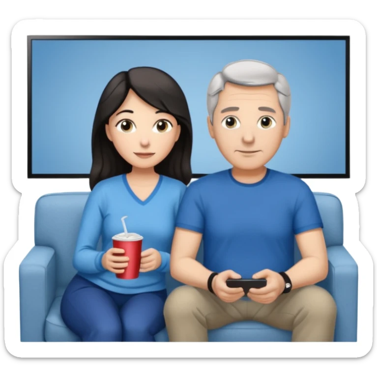 middle-aged couple Watches a movie in the living room • Physical description: • man: brown eyes; very short grayish-black hair • woman: Long wavy silver grayish-brown hair tied in a ponytail; blue eyes sticker