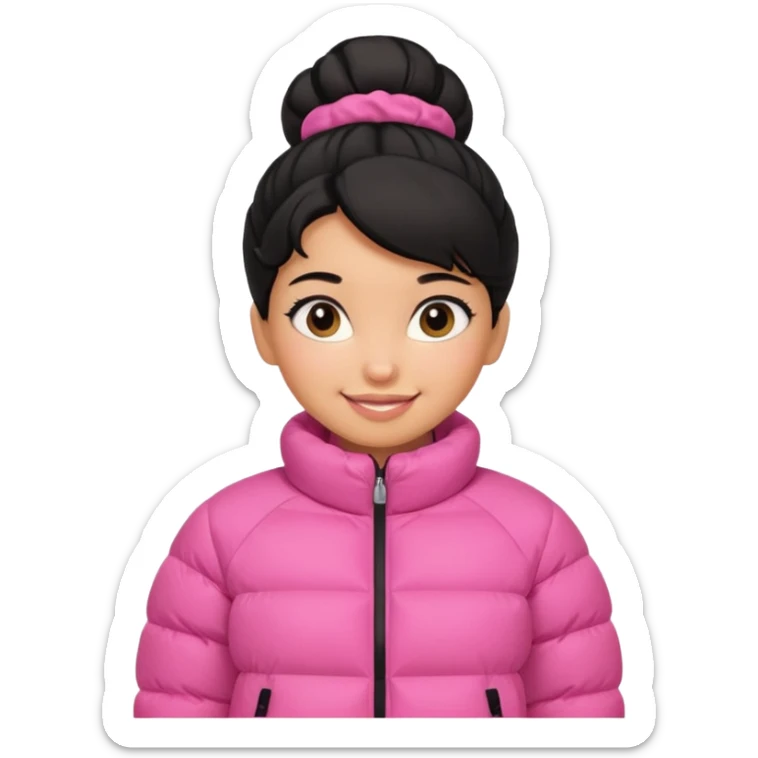 A caramel skinned girl that’s has puffy black hair with her hair up skinny and wears a pink puffer coat sticker
