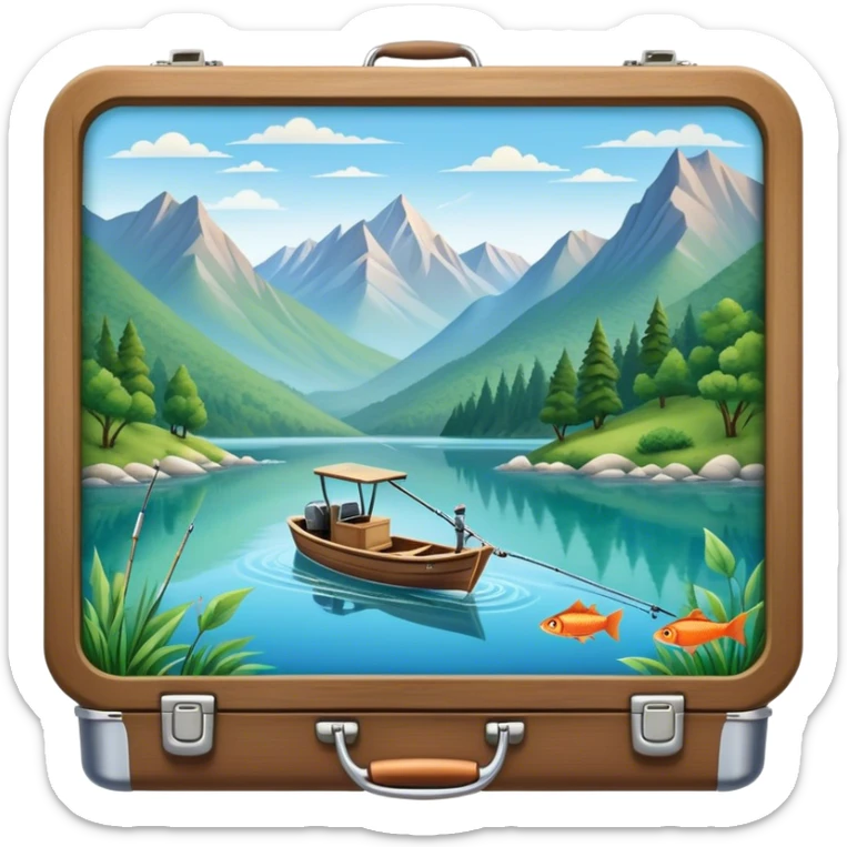 Icon for Fishing Travel: a boat on a calm lake surrounded by mountains and lush greenery, with fish jumping out of the water, a fishing rod, tackle box. The icon should capture the peaceful and adventurous nature of fishing trips. Transparent background. sticker
