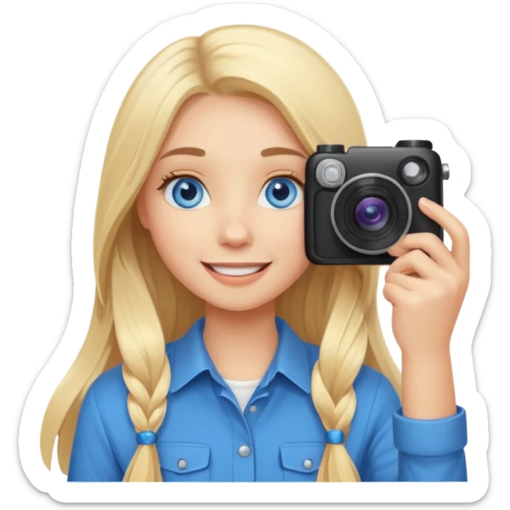  blue eyes blonde girl photographer cartoon taking picture in middle of taking picture camera in front of face long hair smiling funny flash professiona sticker