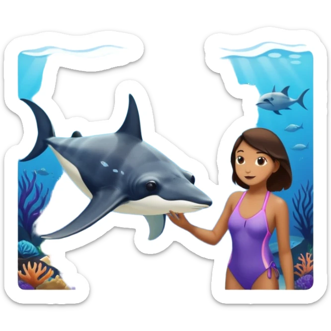 une personne qui est devant un aquarium où on peut carresser un raies menta sticker
