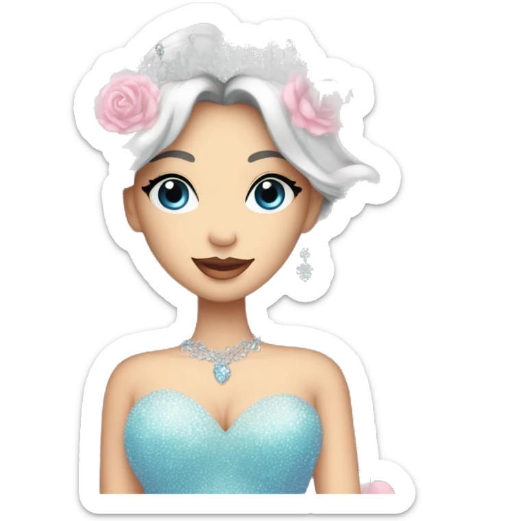 Gorgeous pastel Lady with black hair blue eyes in a sparkly shiny dress with tiara and necklace and flowers behind her and trending  sticker