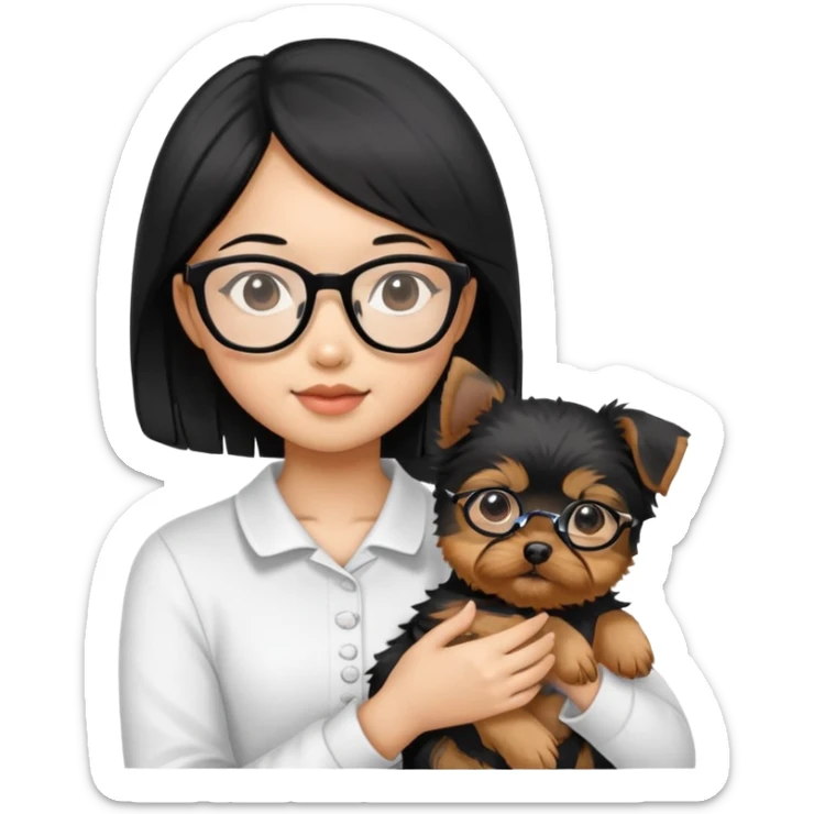 A black Asian haired girl wearing glasses, holding a Yorkshire terrier puppy sticker