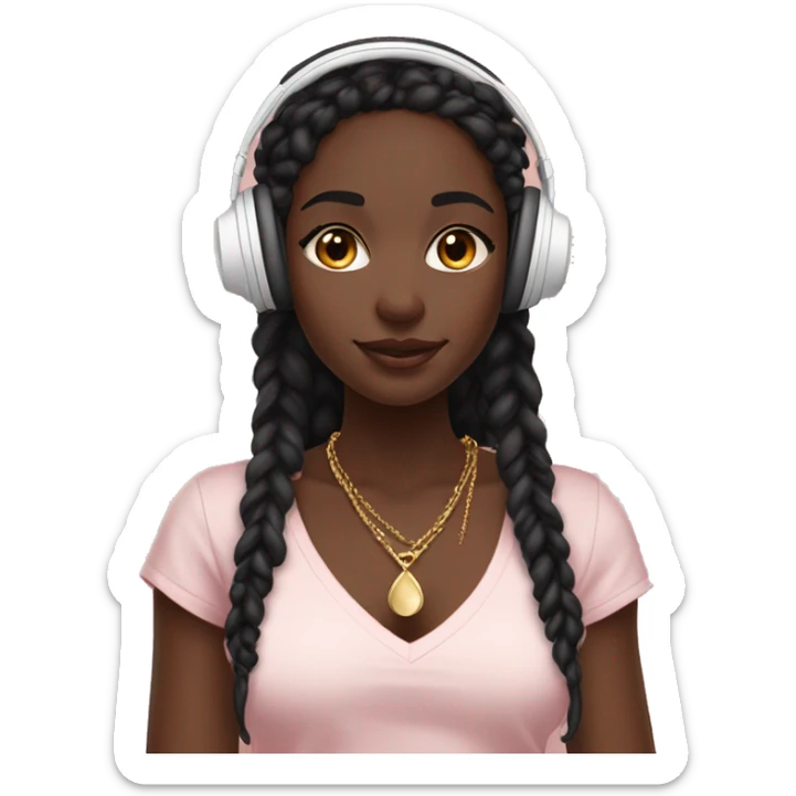 African girl. Black long twists. Wearing white headphones. Listening to music. Wearing a light pink v neck top. Gold Jewelry. Makeup. Blush. sticker