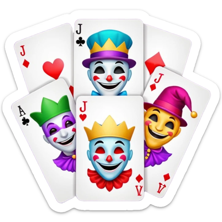 bunch of 3 poker cards, with crazy colorful human jolly jokers inside, inversed face sticker
