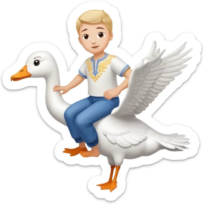 A boy in a Ukrainian white embroidered shirt flies on a white goose sticker