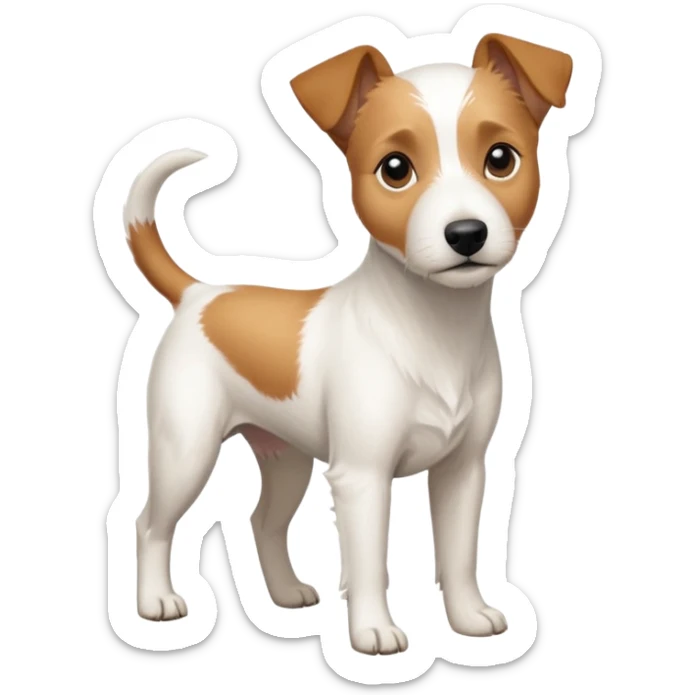 a full body slightly chubby white parson russell terrier looking dog the size of a kelpie with light brown long ears and a light brown patch on one eye and a large snout sticker