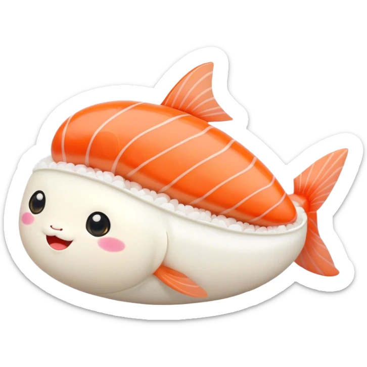 Cute Kawaii Nigiri Sushi, plump and happy, a soft white rice pillow topped with bright orange salmon, tiny blushing cheeks, big round eyes, a joyful floating expression! sticker