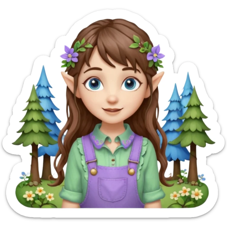Kind happy whimsical quirky Girl toymaker, wood carving elf. Woodland nature creator. Blue eyes. brown hair (short — inch longer than chin length) wavy hair & bangs. Whimsical playful cute. Overalls with nature embroidered cute shirt collar. Light green, light purple and light blue colour aesthetic  sticker