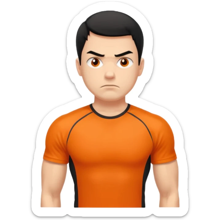 Mach mir einen unglücklichen typen der im gym trainert und viele muskeln hat mit einem orangen sport thshirt und schwarzen kurzen haaren sticker