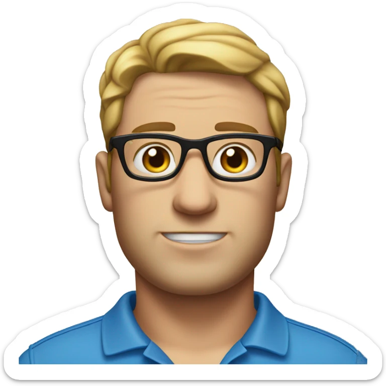 Emoji of a man with glasses, no beard, white skin and a thick build, wearing a blue polo shirt sticker
