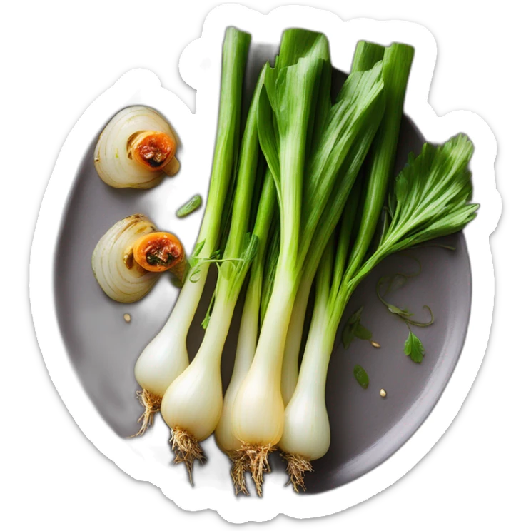 Catalan calçots are grilled tender onions with a smoky, sweet flavor, typically served with a tomato and almond sauce. 🌱🔥🍅😋 sticker