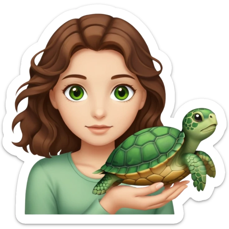 Girl with medium brown wavy hair and green eyes holding a turtle  sticker