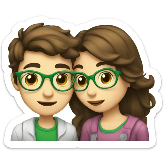 A boy with brown hair and a mustache is kissing a green haired girl wearing glasses sticker