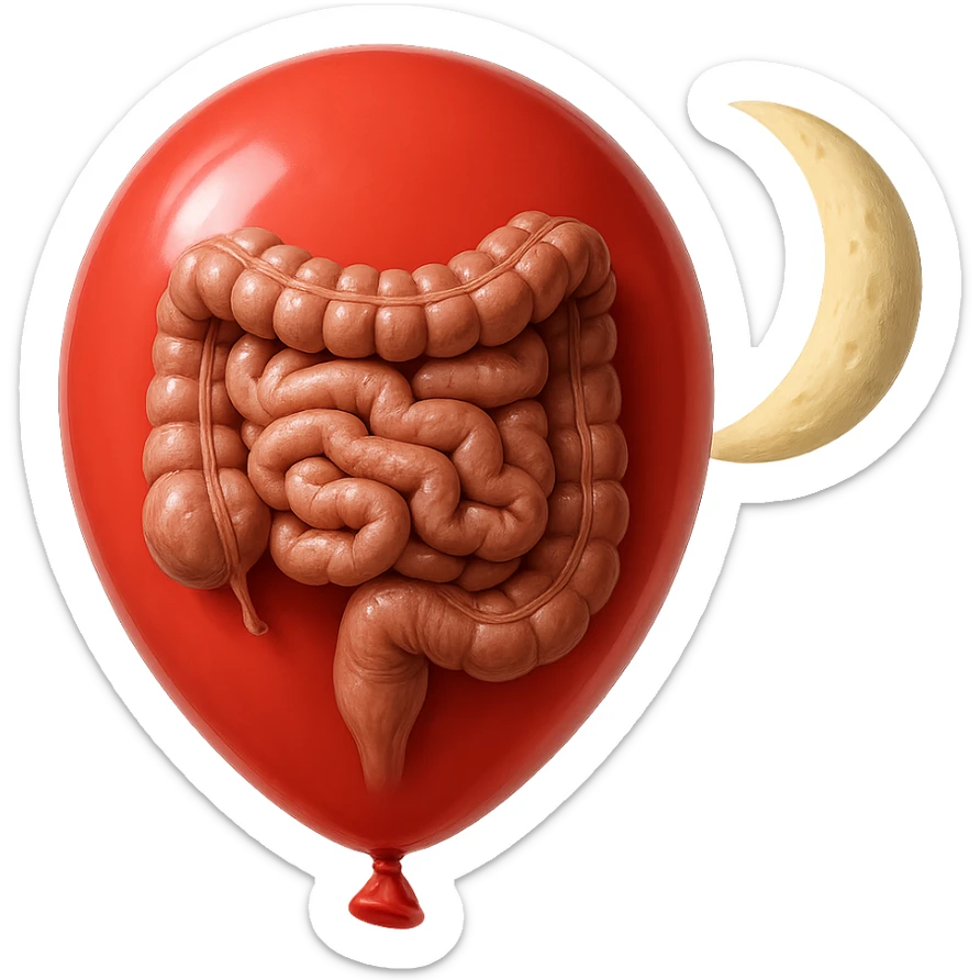 intestino umano anatomico chiuso in un palloncino rosso che simboleggia gonfiore, accanto una mezza luna che simboleggia "gonfiori di sera", iperrealistico 4k sticker