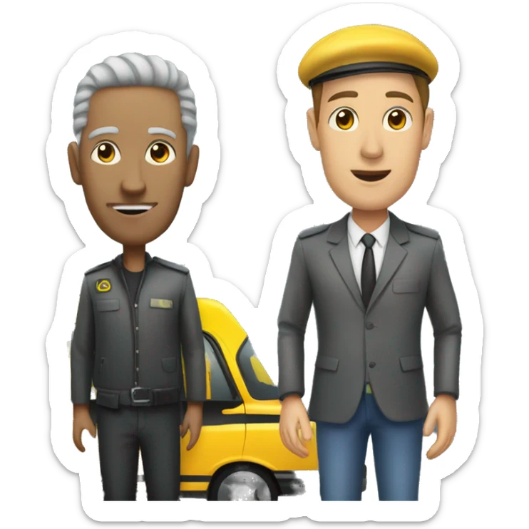 taxi driver with his taxi standing in front of another person sticker