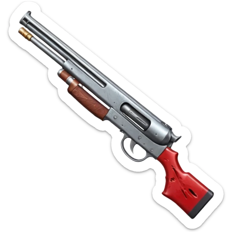  a bloody shotgun pointed out to shoot from the cameras perspective. In the style of your bloody skull art work. Overhead as if you were the person holding the shotgun sticker