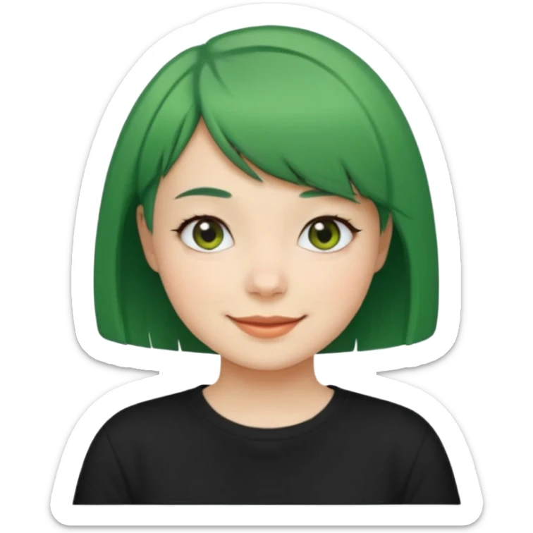 Girl with green Bob Cut – short green hair, cheerful smile, black t-shirt sticker