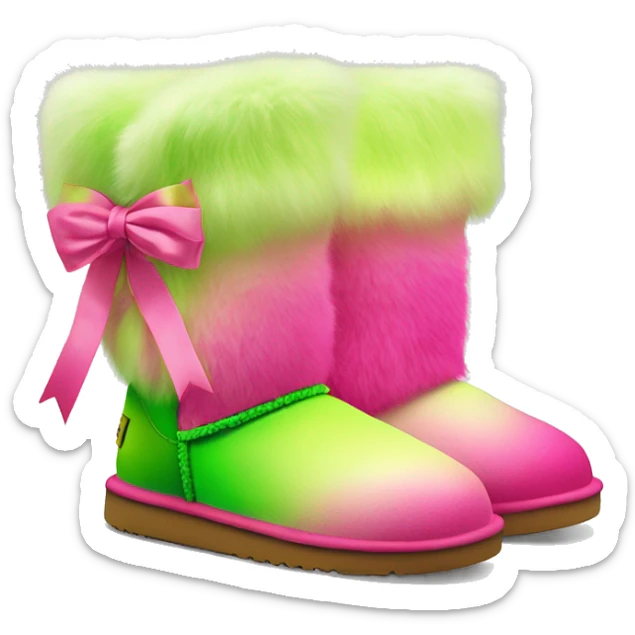Realistic pair of hot pink to lime green ombre fur Ugg boots with silk ribbon bows. sticker