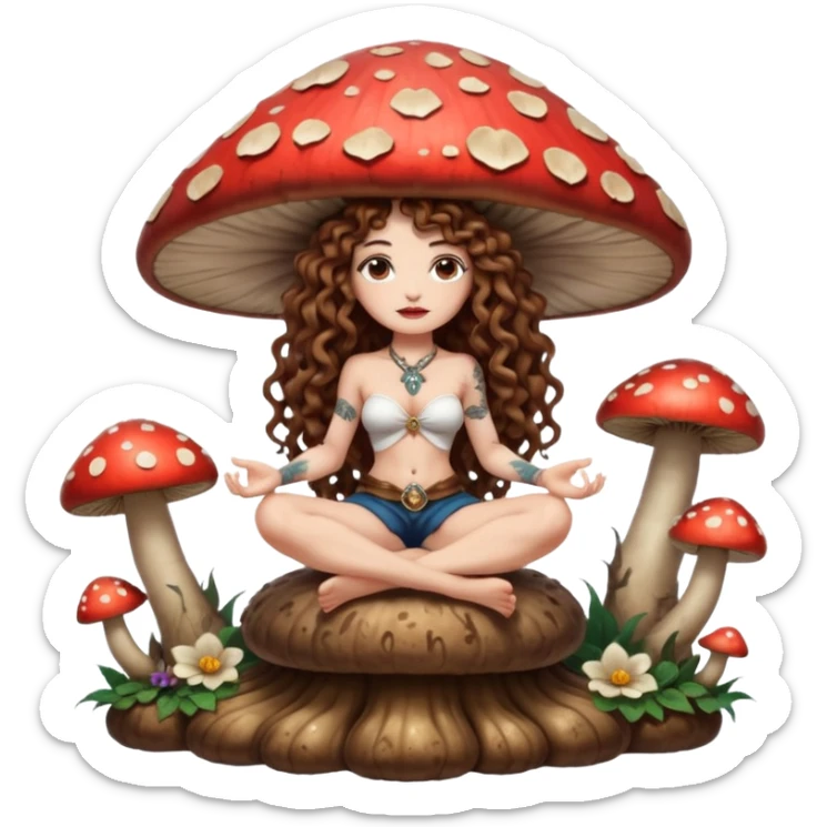 full body view of a woman with long curly brown hair, brown eyes, white skin, tattoos, sitting on a giant mushroom throne, legs crossed, mystical queen vibe sticker