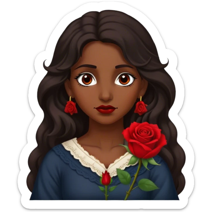 A Romani woman with long, wavy dark hair and a single red rose behind one ear. She has deep eyes and a confident, mysterious expression sticker
