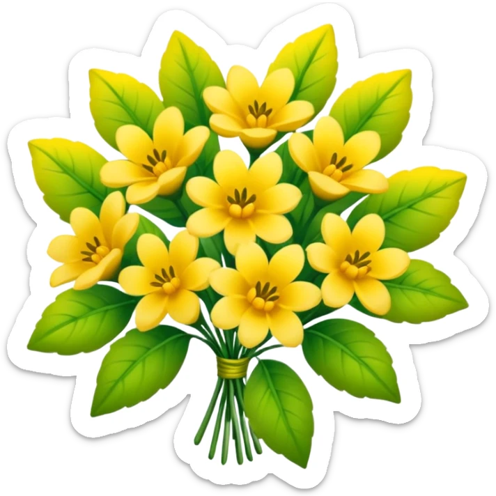 Generate a high-quality image of a bouquet of flowers dominated by yellow blooms, with a mix of green leaves, realistic colors and shading, smooth gradient colors, no human figures, no facial features, no brand markings, simple white background, high-resolution.
 sticker