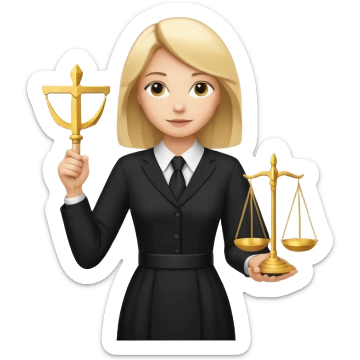 woman lawyer blanche et blonde avec des cheveux mi-long; elle est habillée avec une longue robe noire et une cravate blanche; elle soutient fièrement le symbole de la justice sticker