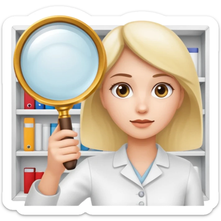 emoji of white empty shelf in perspective view with a woman nearby, she is looking at the shelfs with a magnifying glass sticker