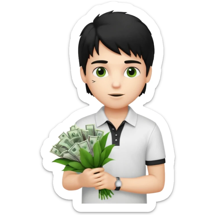 generate a pretty fair bratz boy with a messy mullet (black hair), wearing a white polo.  carrying a bouquet made of money sticker