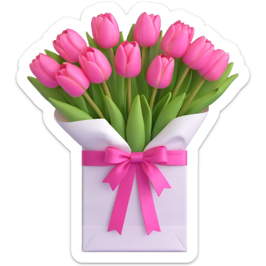 a bouquet of pink tulips in a white paper bag tied with a pink ribbon, 3D iOS emoji style, pastel pinks and lavenders, softest shadows, clean and airy look sticker